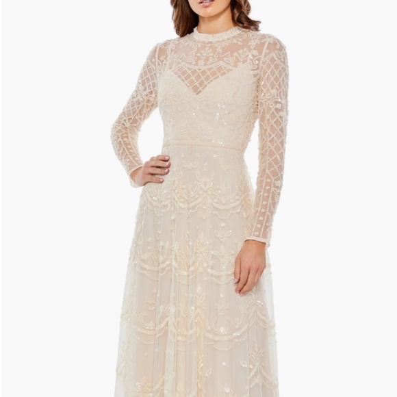 Mac Duggal Sequin Long Sleeve Mesh Midi Cocktail Dress Illusion High Neck - Picture 1 of 11